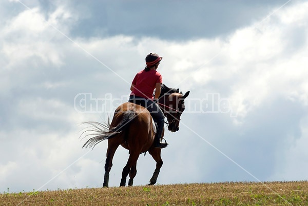 Woman horseback riding against big sky background