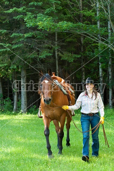 Young woman leading a bay quarter horse gelding