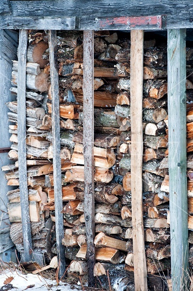 Chopped firewood stacked in shed