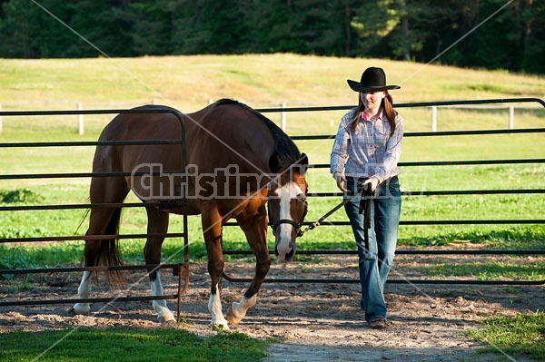 Young woman catching her Paint mare out of the paddock