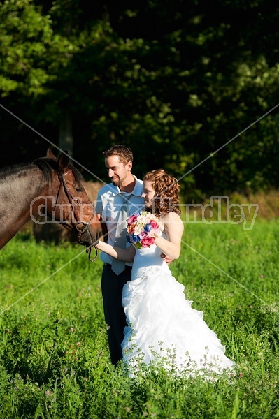 Bride and groom with horse