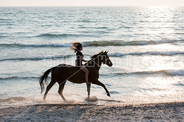 Young woman horseback riding in the surf of Lake Ontario. 