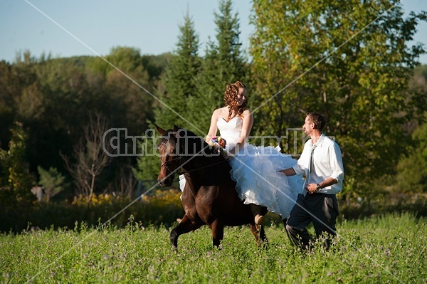 Bride and groom with horse