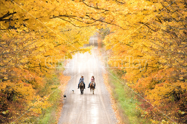 Two young women horseback riding through autumn colored scenery