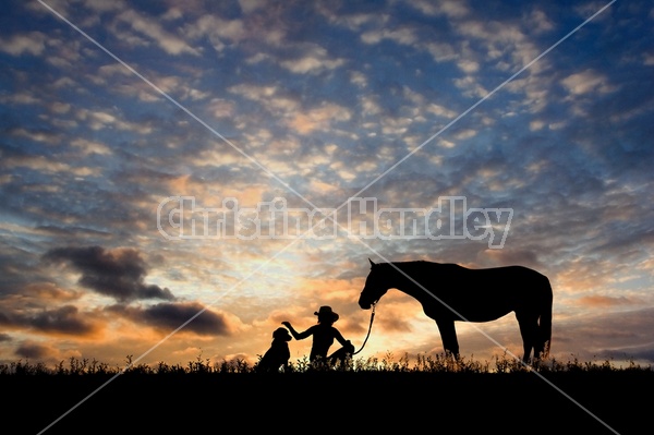 Silhouette with girl, dog and horse