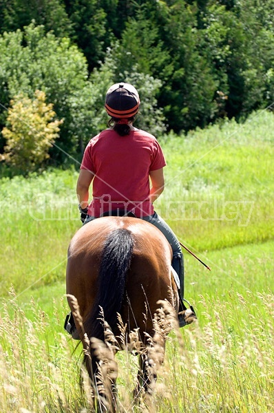 Woman horseback riding in field