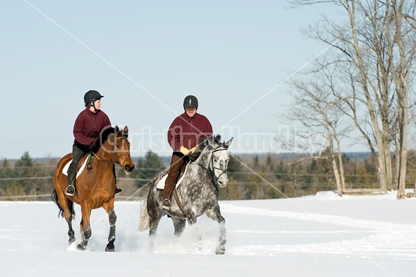 Husband and wife horseback riding through the deep snow