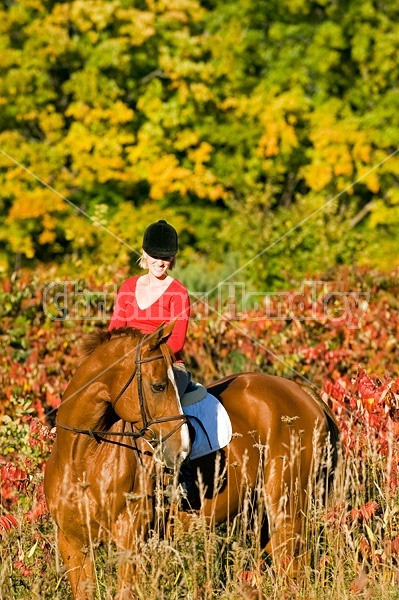 Young woman horseback riding in the fall of the year.