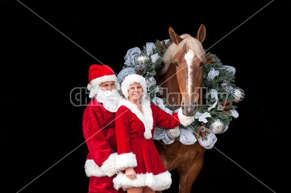 Santa Claus and Mrs Claus standing with a Belgian draft horse with a Christmas wreath over its head.