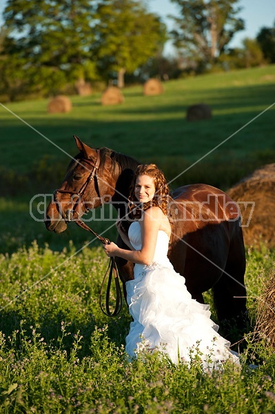 Woman in wedding dress with horse.