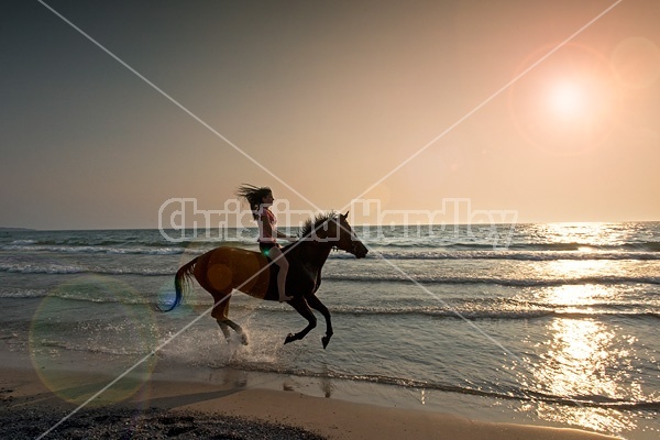 Silhouette photo of woman riding a horse bareback.