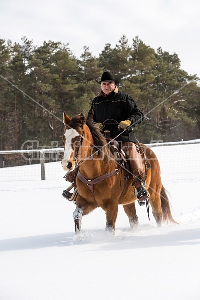 Portrait of a man horseback riding in the snow