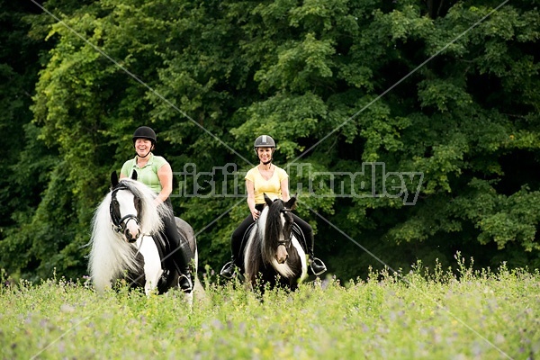 Two women riding Gypsy Vanner horses