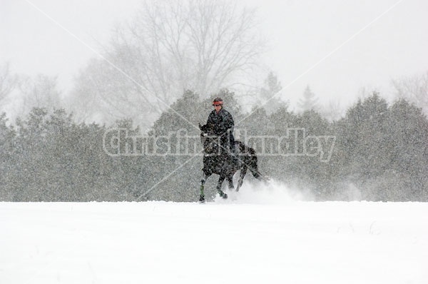 Woman horseback riding in the winter