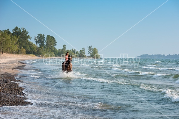Young woman horseback riding in the surf of Lake Ontario. 