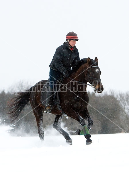 Woman horseback riding in the winter