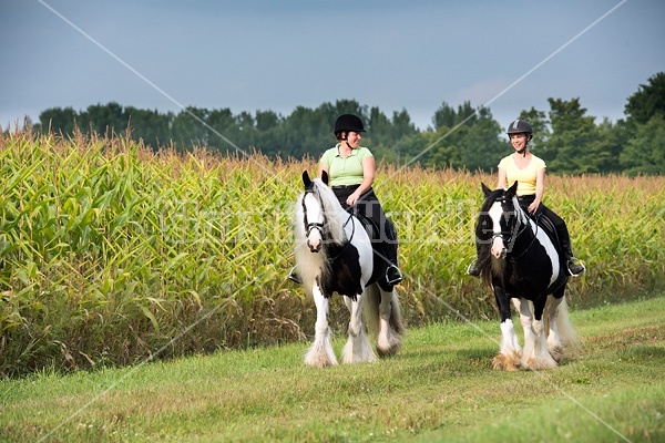 Two women riding Gypsy Vanner horses