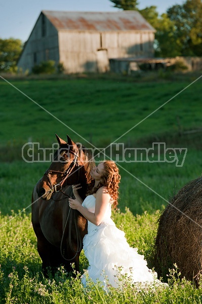 Woman in wedding dress with horse.