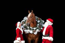 Santa Claus and Mrs Claus standing with a Belgian draft horse with a Christmas wreath over its head.