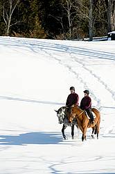Husband and wife horseback riding through the deep snow