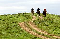 Three western riders following trail over hilltop.