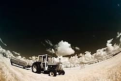 Infrared photo of tractor and haybine cutting hay