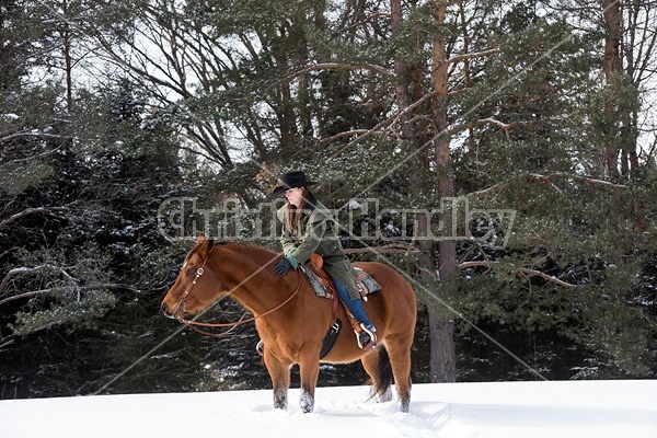 Portrait of a woman horseback riding in the snow