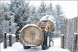 Farmer driving tractor with two round bales of hay