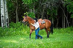 Young woman leading a bay quarter horse gelding