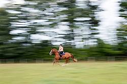 Young woman riding chestnut Thoroughbred horse.