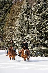Man and woman horseback riding in the snow