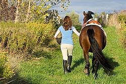 Young woman walking her horse on a grass path